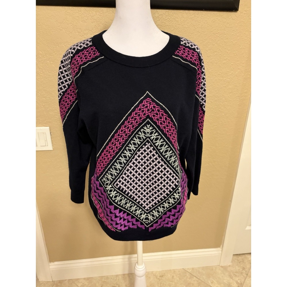 J Crew Women's Navy Blue Merino Wool Sweater With Pink And Purple Embroidery, L